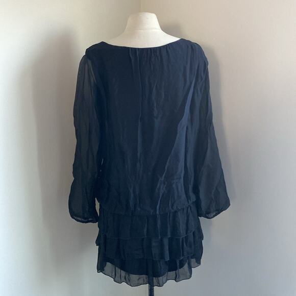 Tiered Drop Waist Dress Womens Sz 4 Black Mini Sheer Sleeve LBD - Picture 6 of 8
